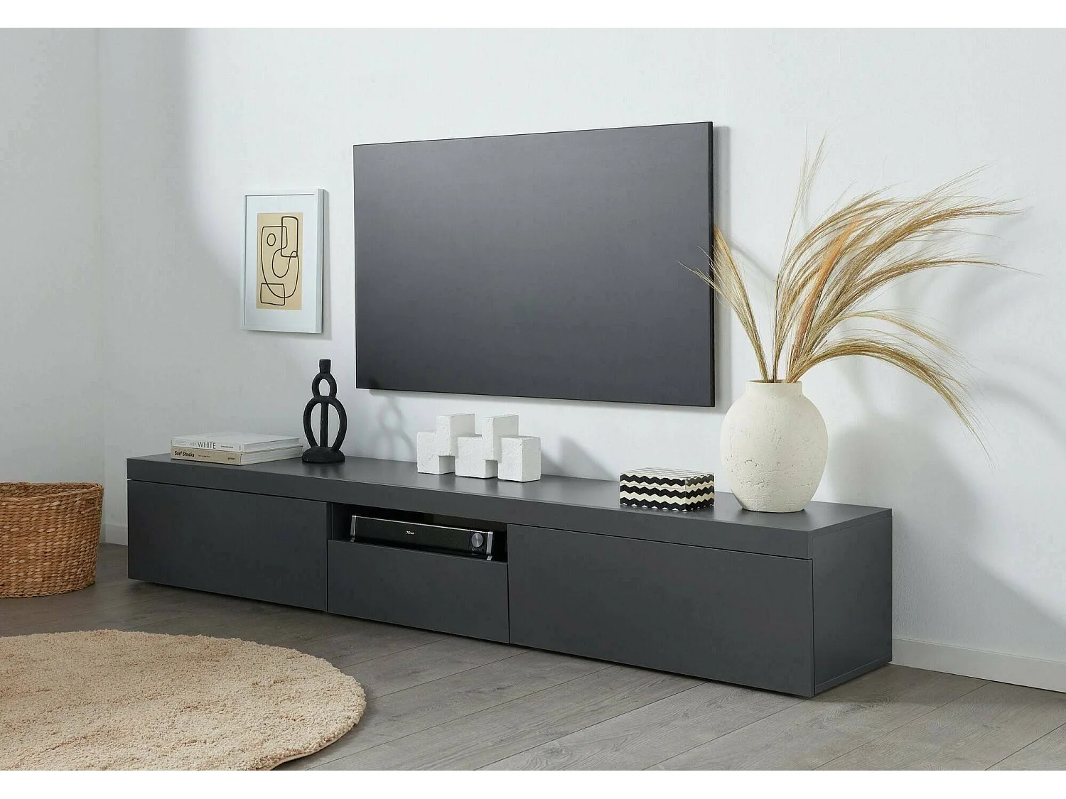 Meuble TV Ulrico, Buffet bas de salon avec 3 portes, Base meuble TV, 220x40h35 cm, Anthracite