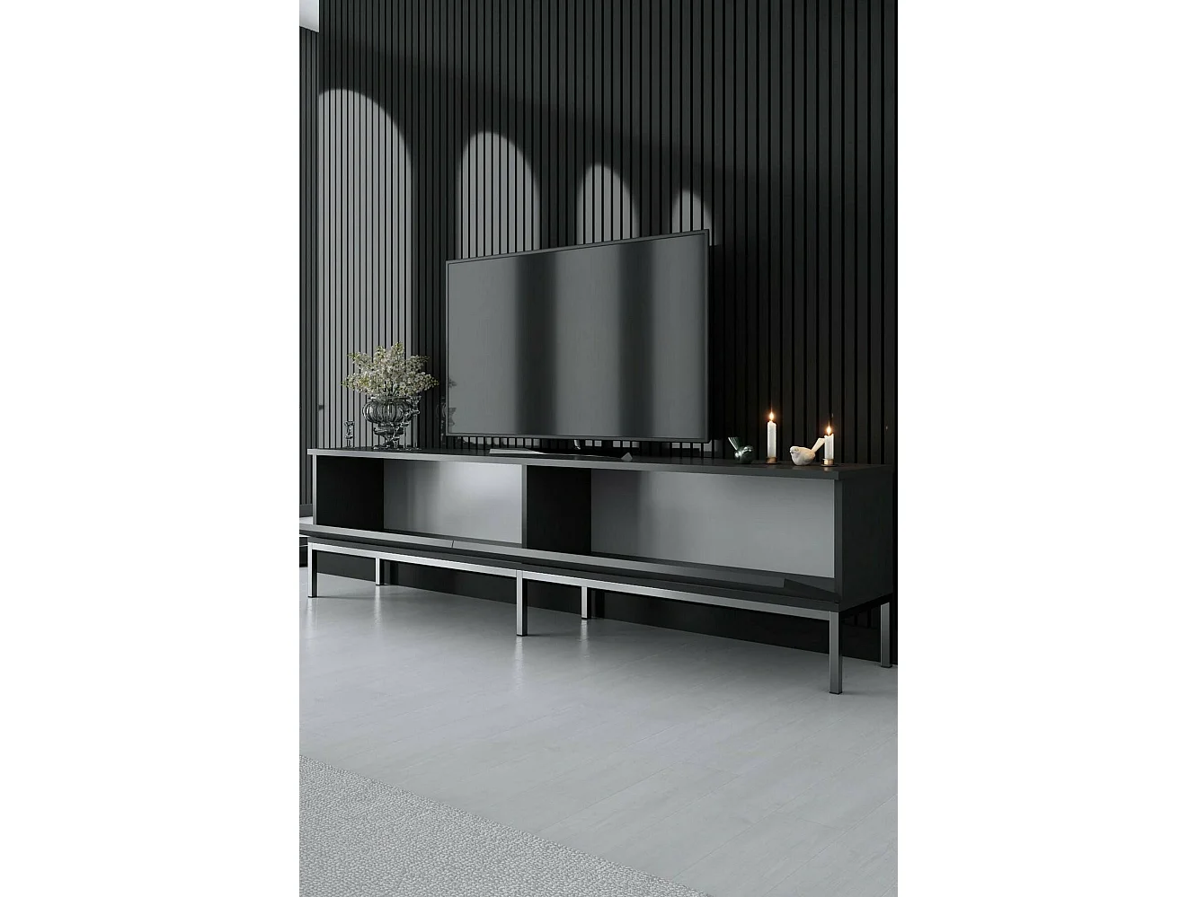 Meuble TV Regulus, Buffet de salon, Armoire basse pour TV, Base murale de rangement, 180x30h47 cm, Anthracite et Argent
