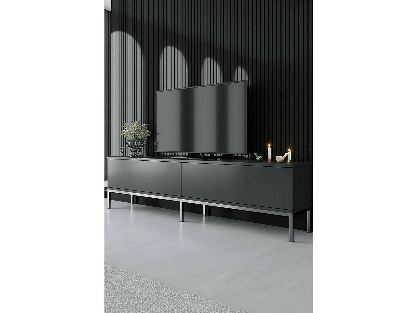 Fernsehschrank Dpetrell, Ständer für Wohnzimmerfernseher, Niedriges Wohnzimmer-Sideboard, TV-Ständerbasis, 180x30h47 cm, Anthrazit und Silber