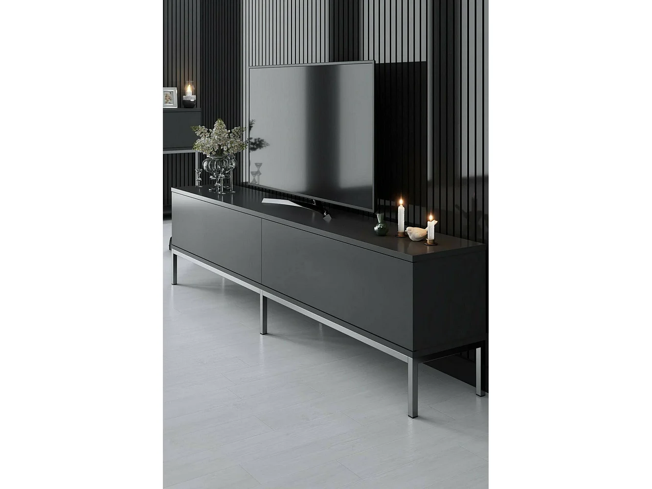 Fernsehschrank Dpetrell, Ständer für Wohnzimmerfernseher, Niedriges Wohnzimmer-Sideboard, TV-Ständerbasis, 180x30h47 cm, Anthrazit und Silber