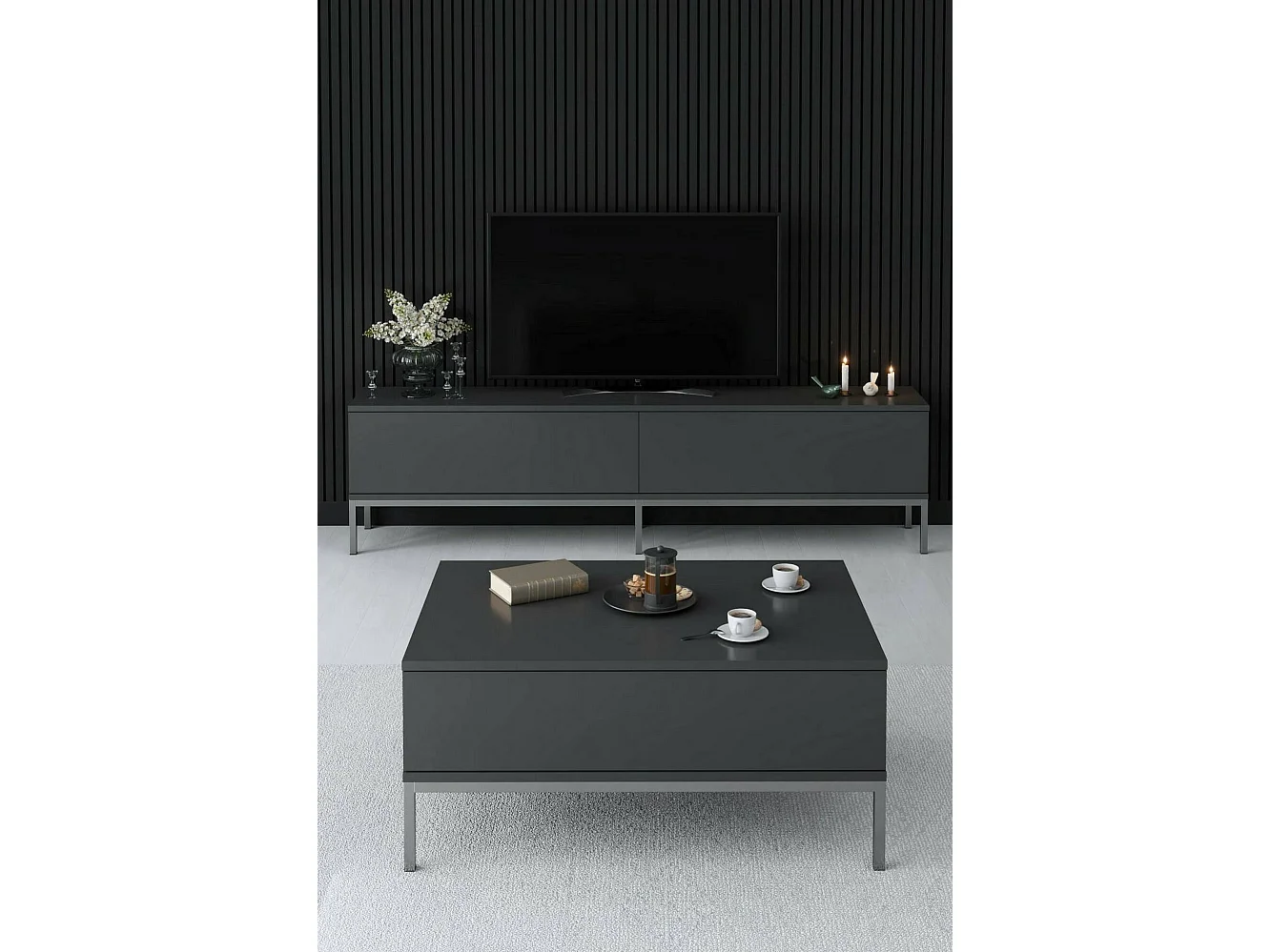 Fernsehschrank Dpetrell, Ständer für Wohnzimmerfernseher, Niedriges Wohnzimmer-Sideboard, TV-Ständerbasis, 180x30h47 cm, Anthrazit und Silber