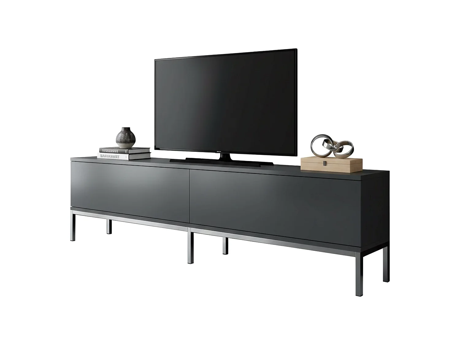Meuble TV Espero, une étagère, 180x30x47h cm noir anthracite, 2 portes, 2 compartiments