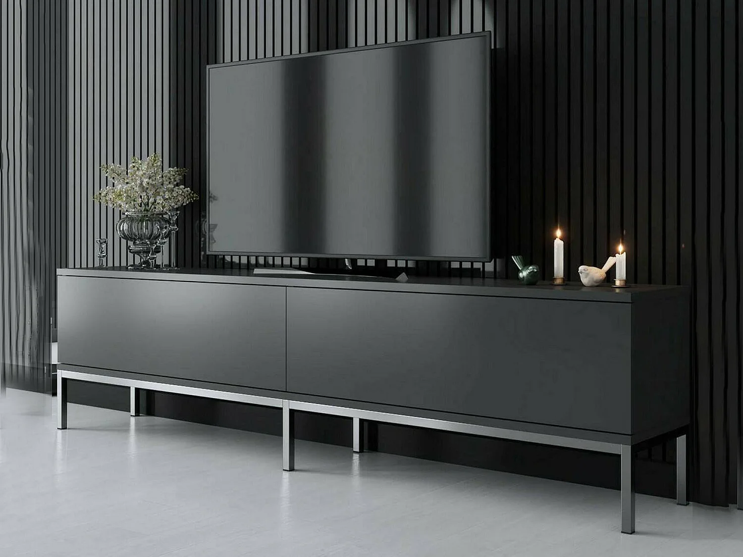 Meuble TV Espero, une étagère, 180x30x47h cm noir anthracite, 2 portes, 2 compartiments