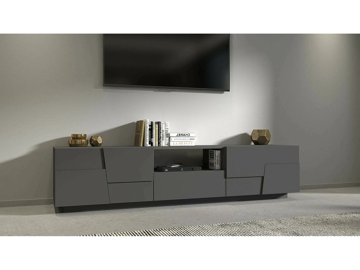 Meuble TV Vanni, Buffet bas de salon avec 4 portes et 1 tiroir, Base meuble TV, 220x44h46 cm, Anthracite