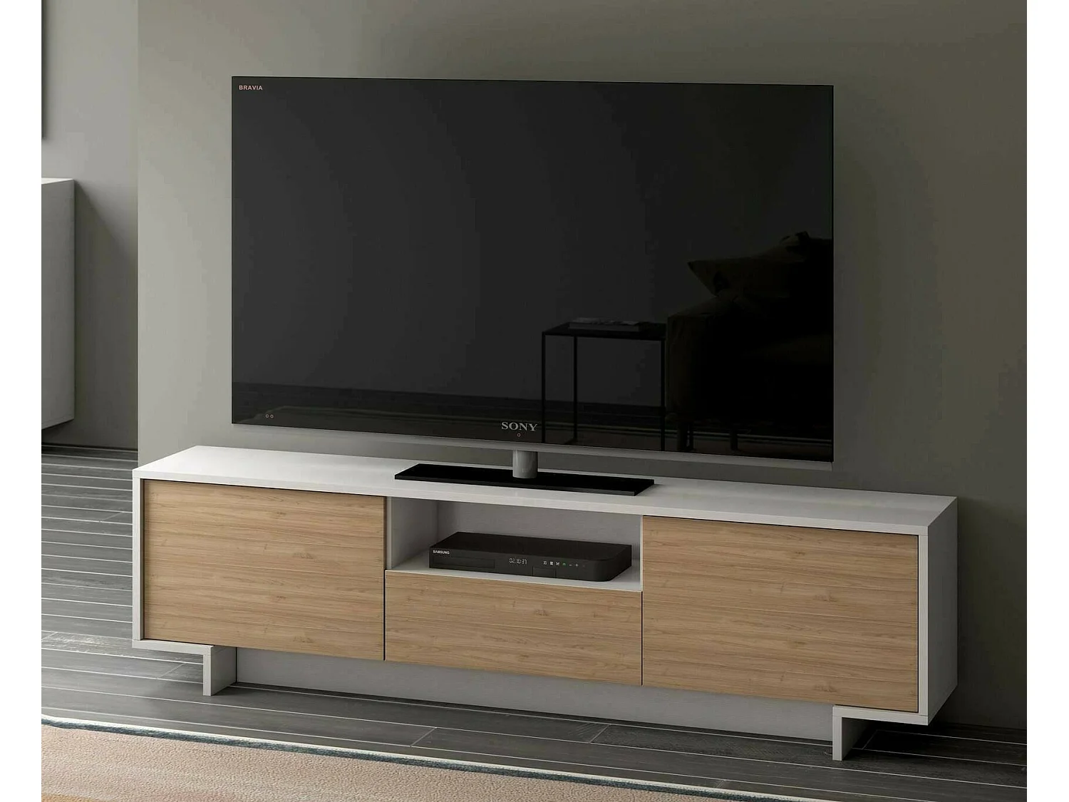 Meuble TV Andromeda, Meuble TV pour salon, Buffet bas de salon avec 2 portes et 1 tiroir, 100% Made in Italy, 170x42h48 cm, Blanc et Chêne