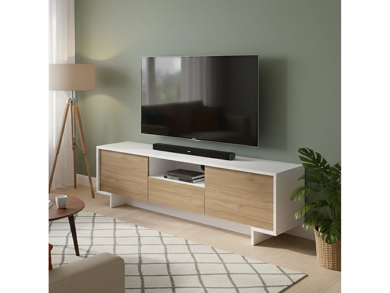 Suporte para TV Darrighin, Suporte para TV para sala de estar, Aparador baixo para sala com 2 portas e 1 gaveta, 100% Made in Italy, 170x42h48 cm, Branco e Carvalho