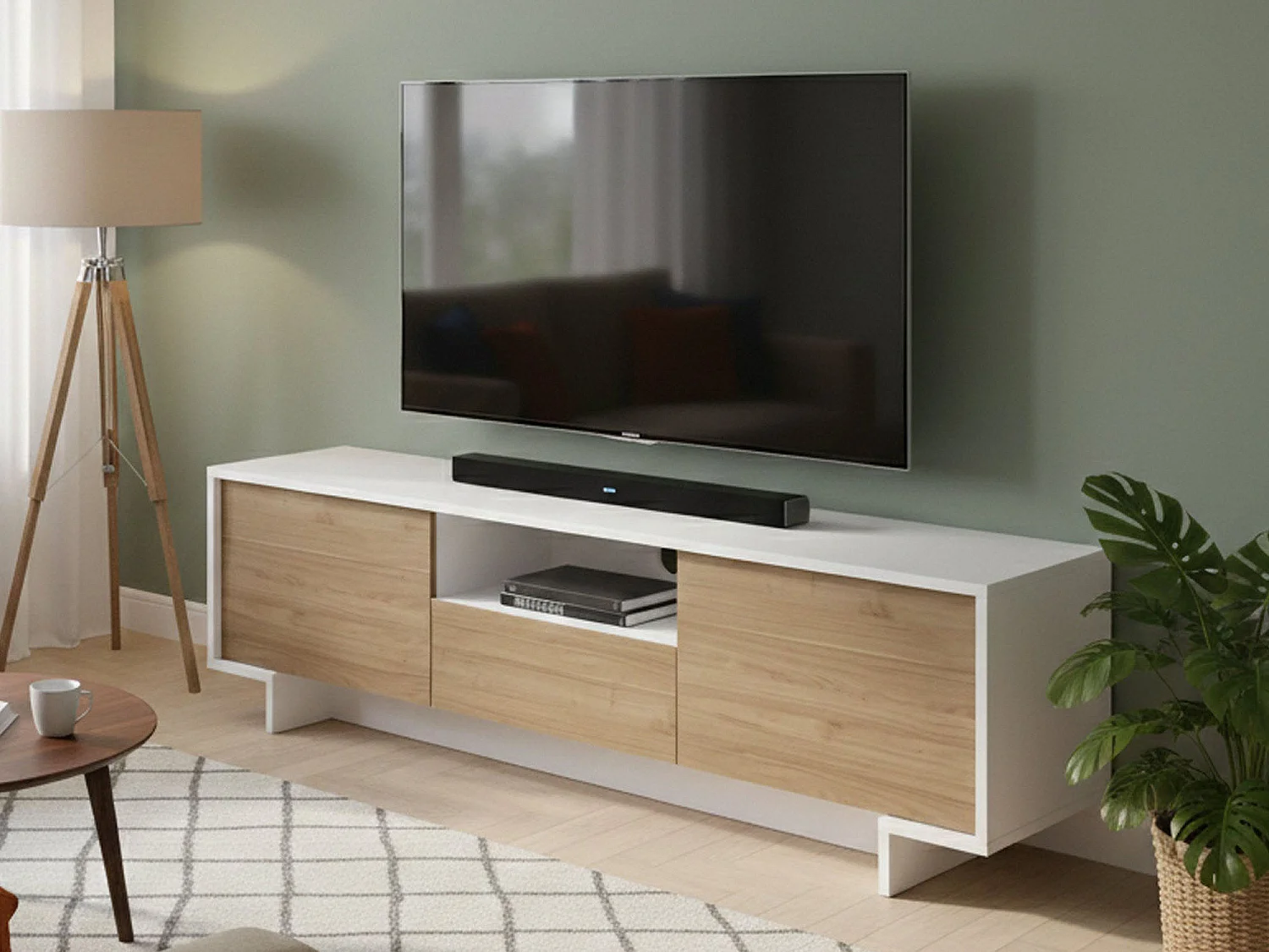 Meuble TV Andromeda, Meuble TV pour salon, Buffet bas de salon avec 2 portes et 1 tiroir, 100% Made in Italy, 170x42h48 cm, Blanc et Chêne