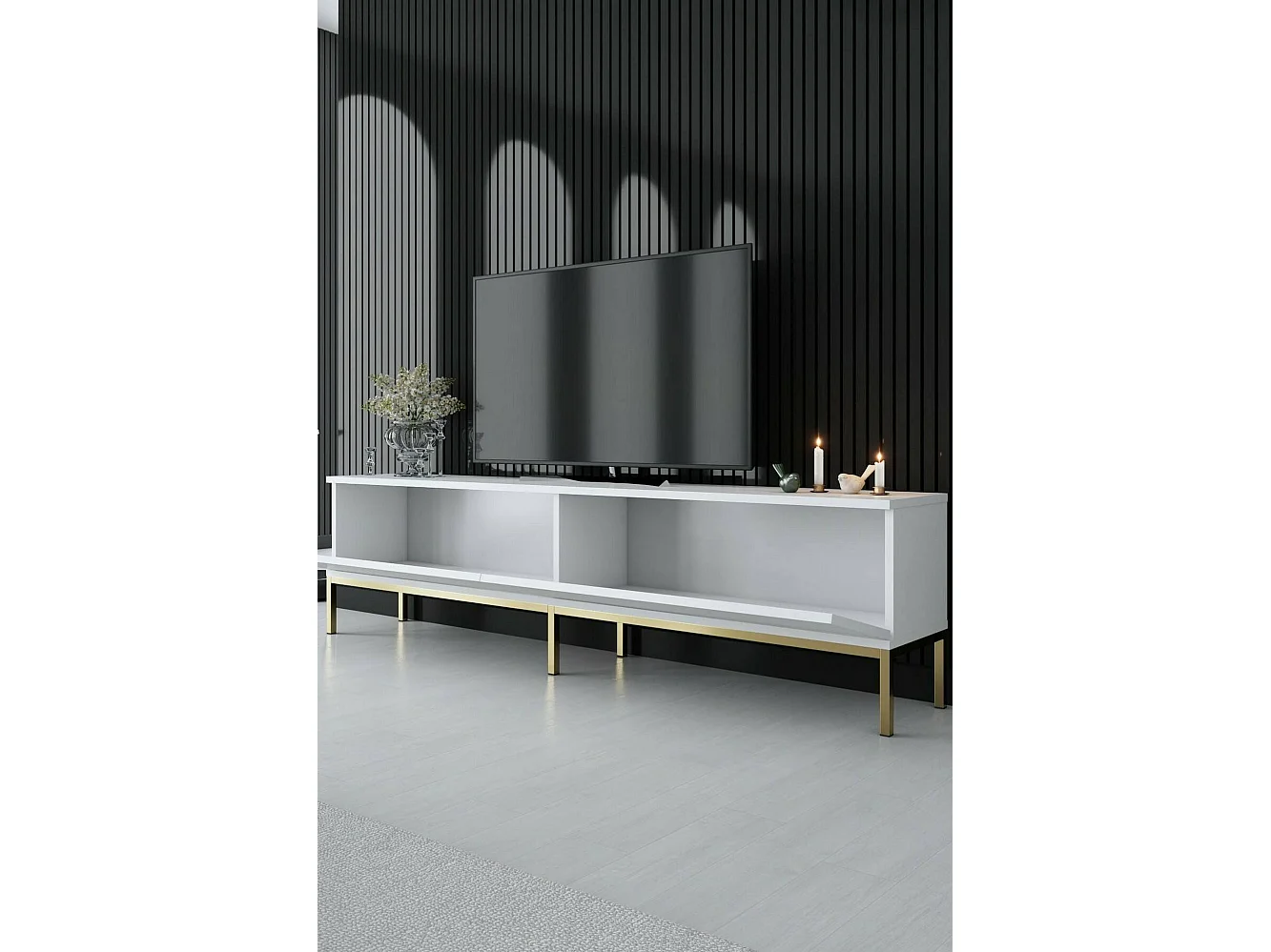 Meuble TV Regulus, Buffet de salon, Armoire basse pour TV, Base murale de rangement, 180x30h47 cm, Blanc et Or