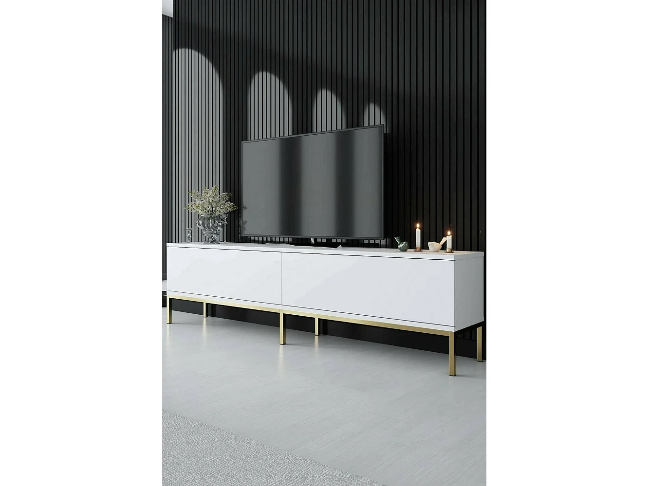 Suporte de TV Dpetrell, Aparador de sala, Armário de TV baixo, Base de parede equipada, 180x30h47 cm, Branco e Dourado