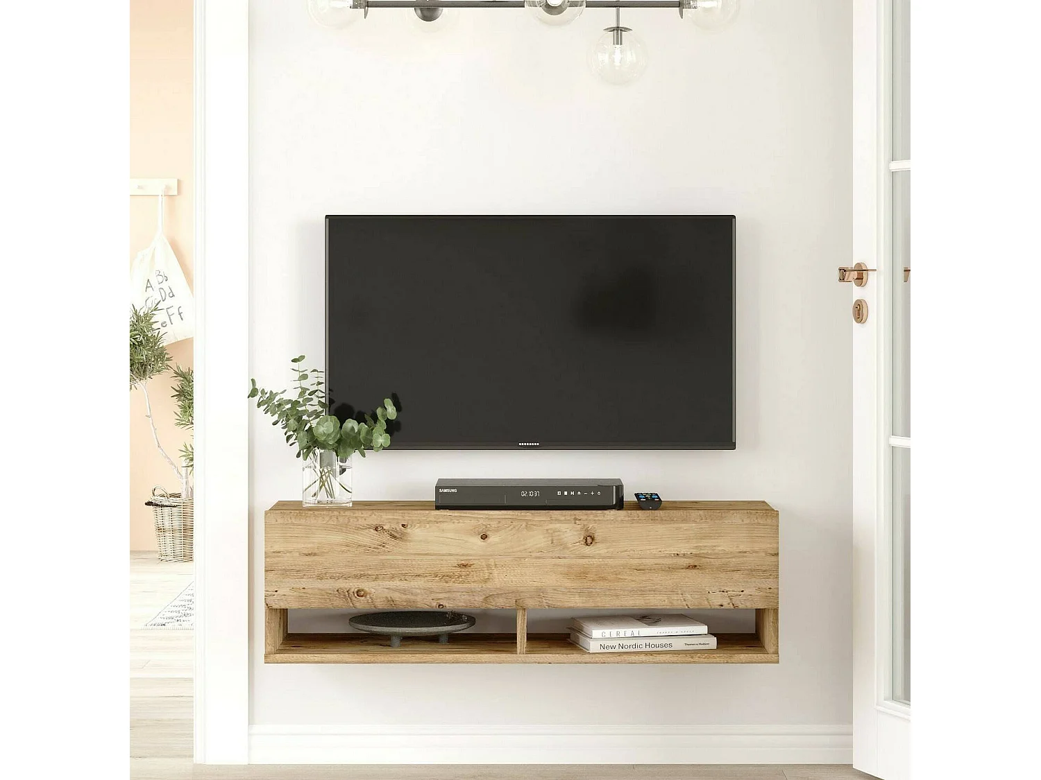 Meuble TV Ananke, Buffet de salon, Armoire basse pour TV, Base murale de rangement, 100x32h29 cm, Chêne