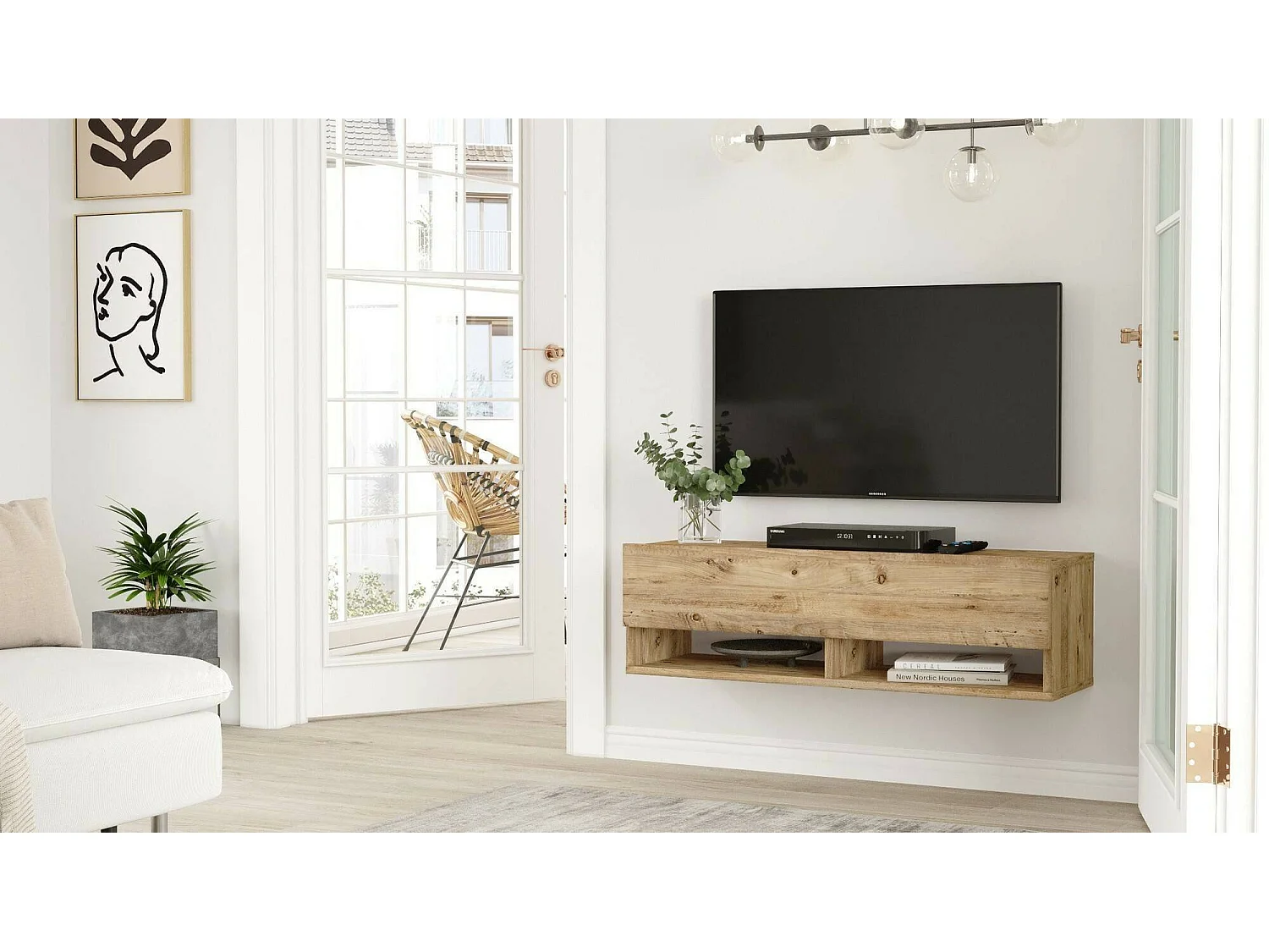 Meuble TV Ananke, Buffet de salon, Armoire basse pour TV, Base murale de rangement, 100x32h29 cm, Chêne