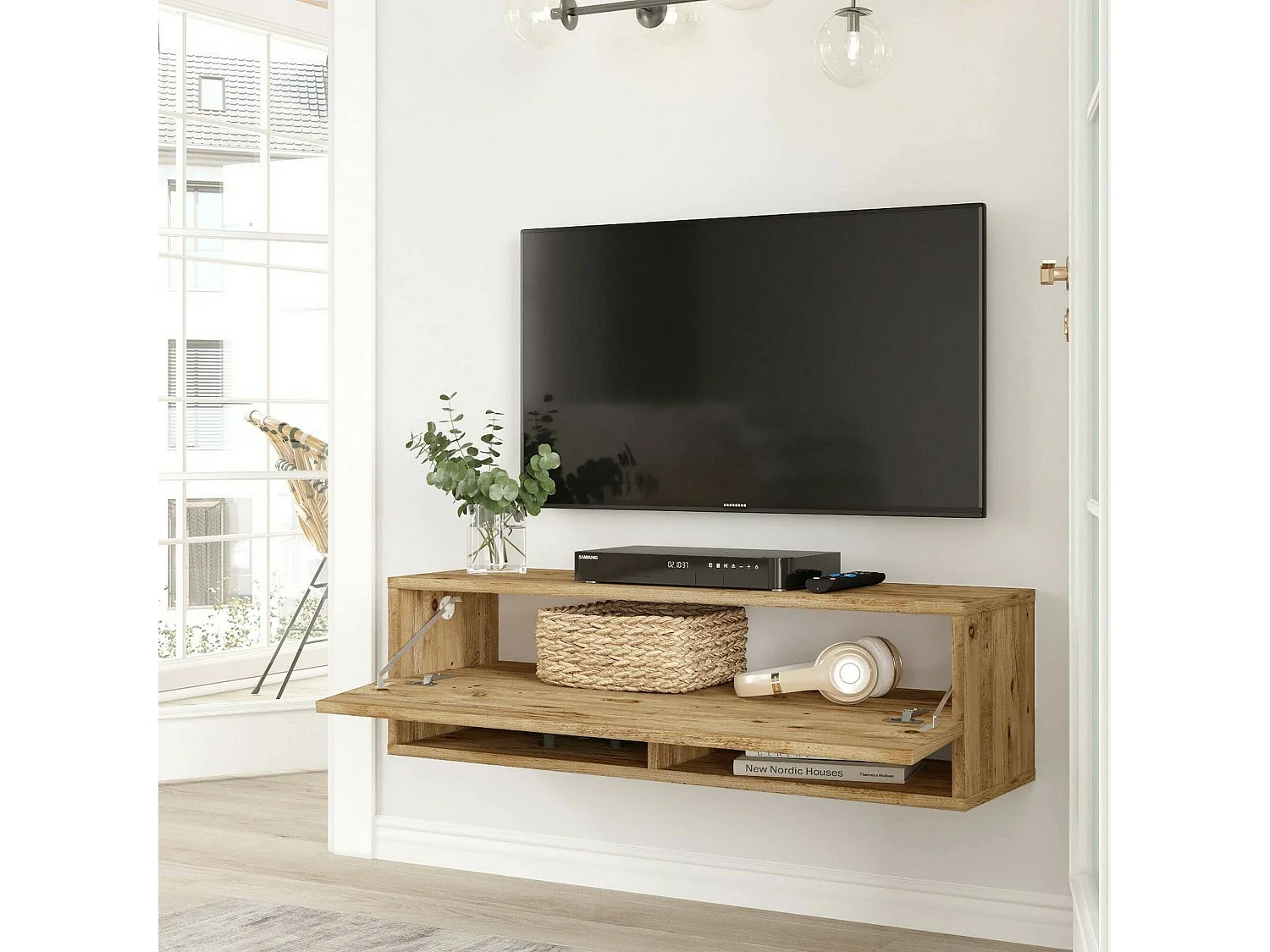Meuble TV Ananke, Buffet de salon, Armoire basse pour TV, Base murale de rangement, 100x32h29 cm, Chêne