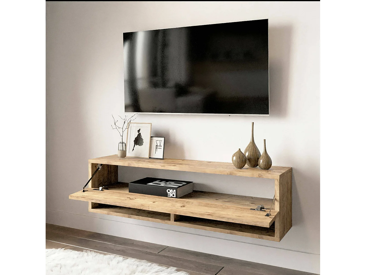 Meuble TV Ananke, Buffet de salon, Armoire basse pour TV, Base murale de rangement, 100x32h29 cm, Chêne