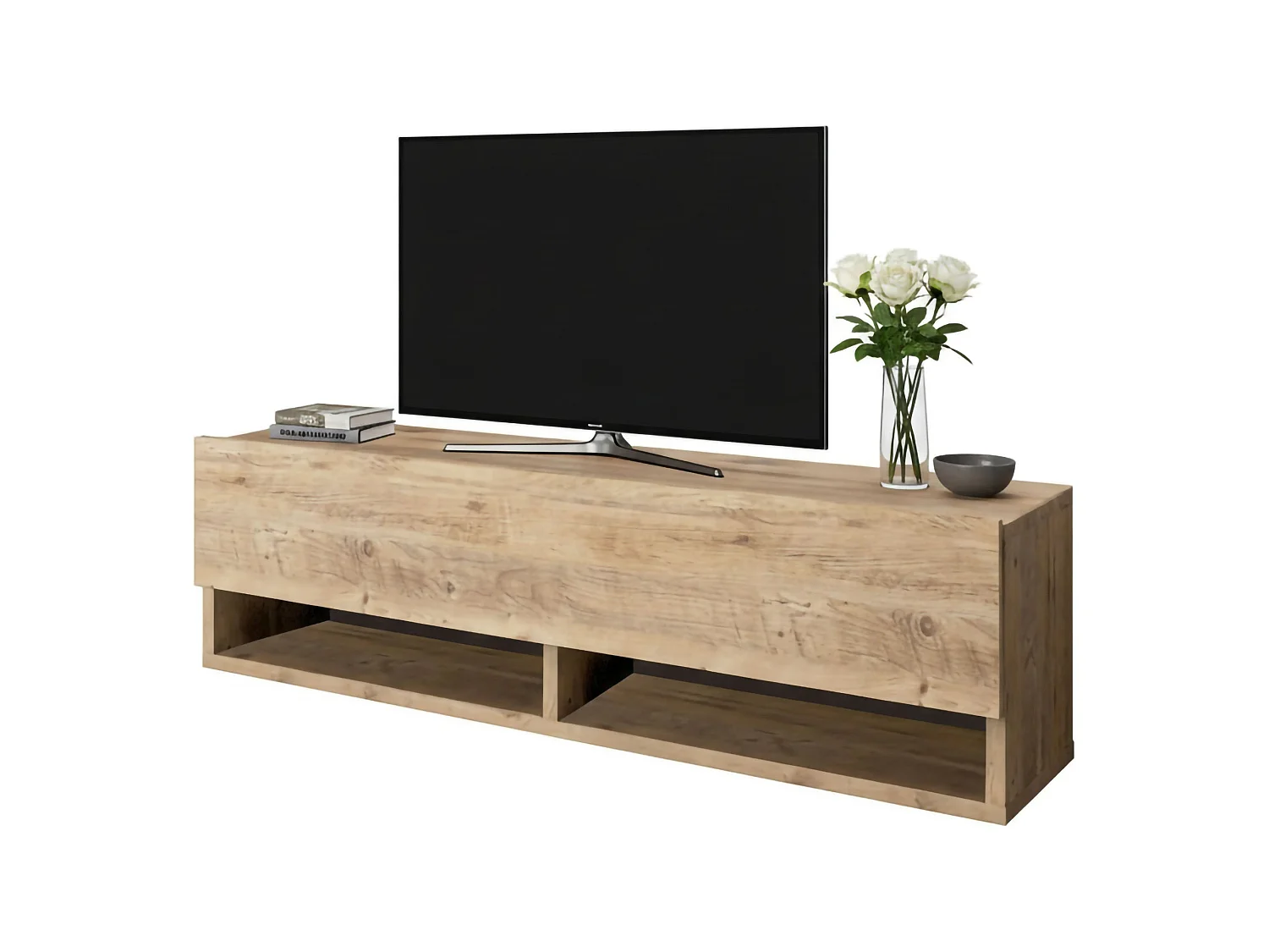 Meuble TV Ananke, Buffet de salon, Armoire basse pour TV, Base murale de rangement, 100x32h29 cm, Chêne