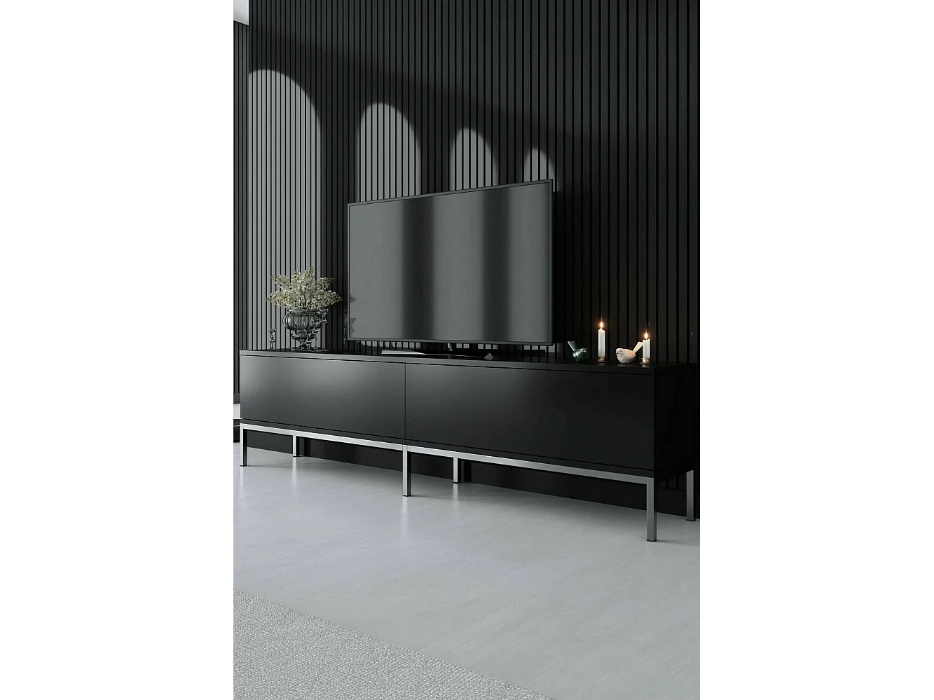 Meuble TV Regulus, Buffet de salon, Armoire basse pour TV, Base murale de rangement, 180x30h47 cm, Noir et Argent