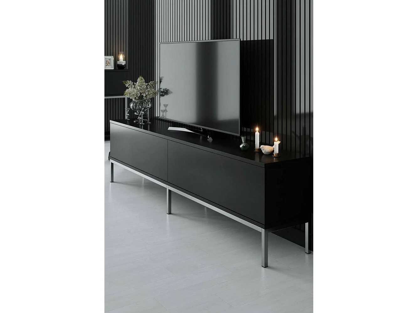 Meuble TV Regulus, Buffet de salon, Armoire basse pour TV, Base murale de rangement, 180x30h47 cm, Noir et Argent