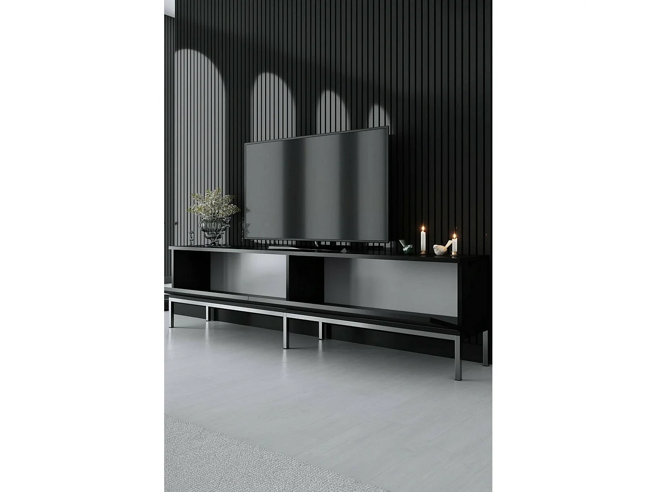 Meuble TV Regulus, Buffet de salon, Armoire basse pour TV, Base murale de rangement, 180x30h47 cm, Noir et Argent