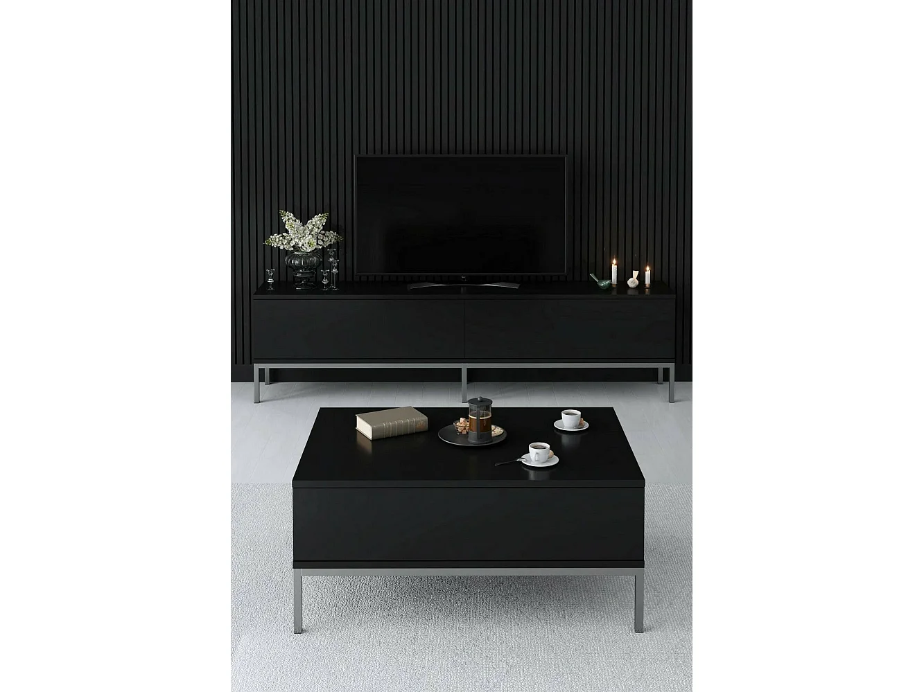 Meuble TV Regulus, Buffet de salon, Armoire basse pour TV, Base murale de rangement, 180x30h47 cm, Noir et Argent