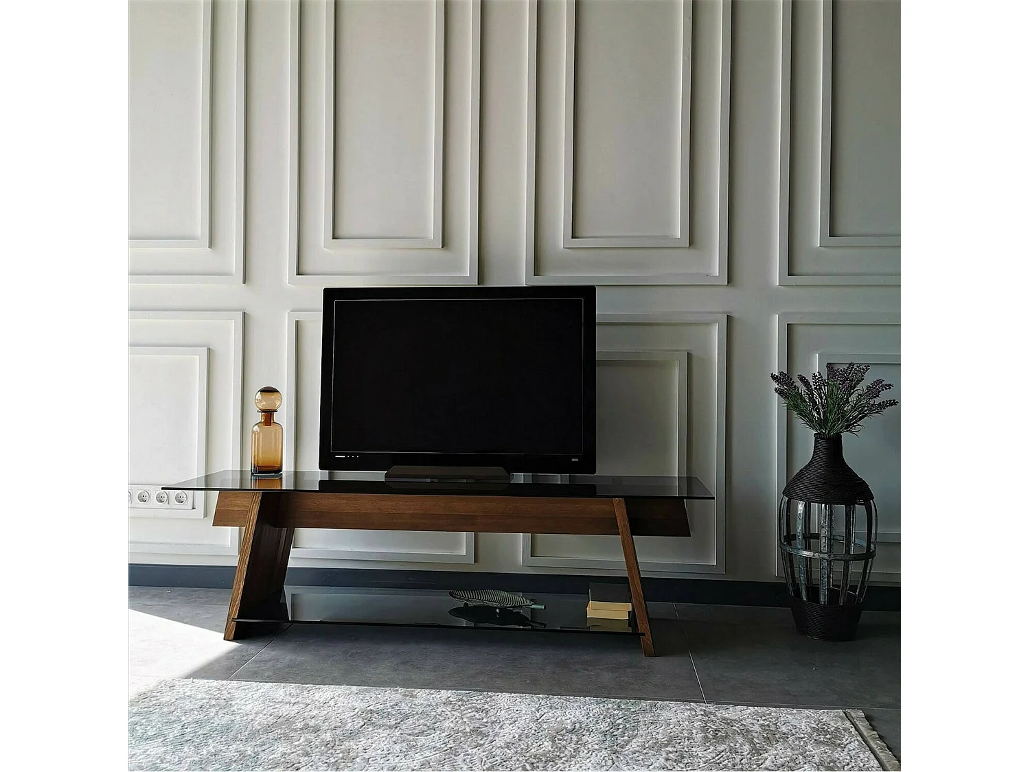 Meuble TV Zosma, Buffet de salon, Armoire basse pour TV, Base murale de rangement, 158x40h45 cm, Noyer et Noir