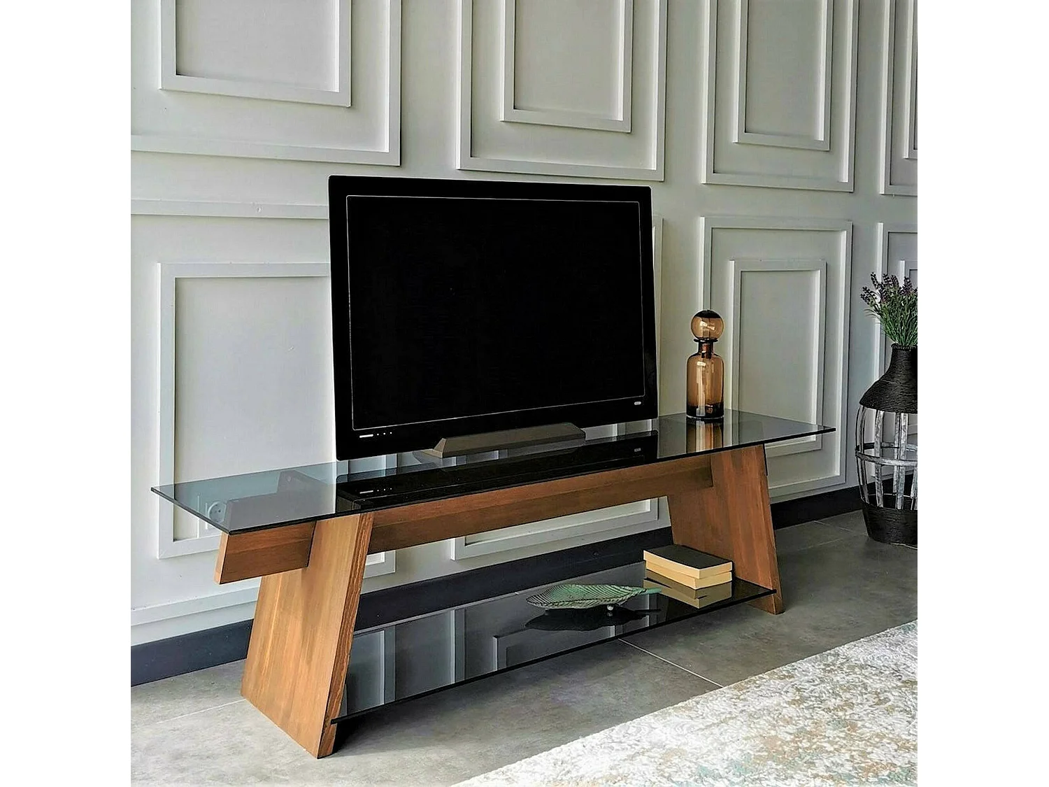 Meuble TV Zosma, Buffet de salon, Armoire basse pour TV, Base murale de rangement, 158x40h45 cm, Noyer et Noir