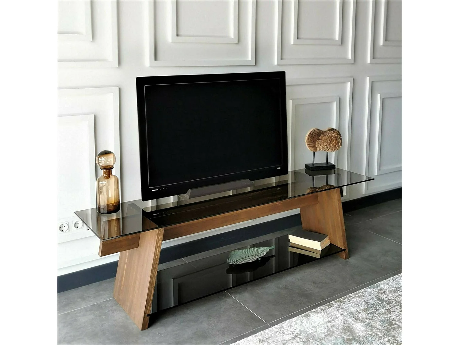 Dpotenz tv-standaard, woonkamermeubel, lage tv-meubel, wandstandaard, 158x40h45 cm, walnoot en zwart