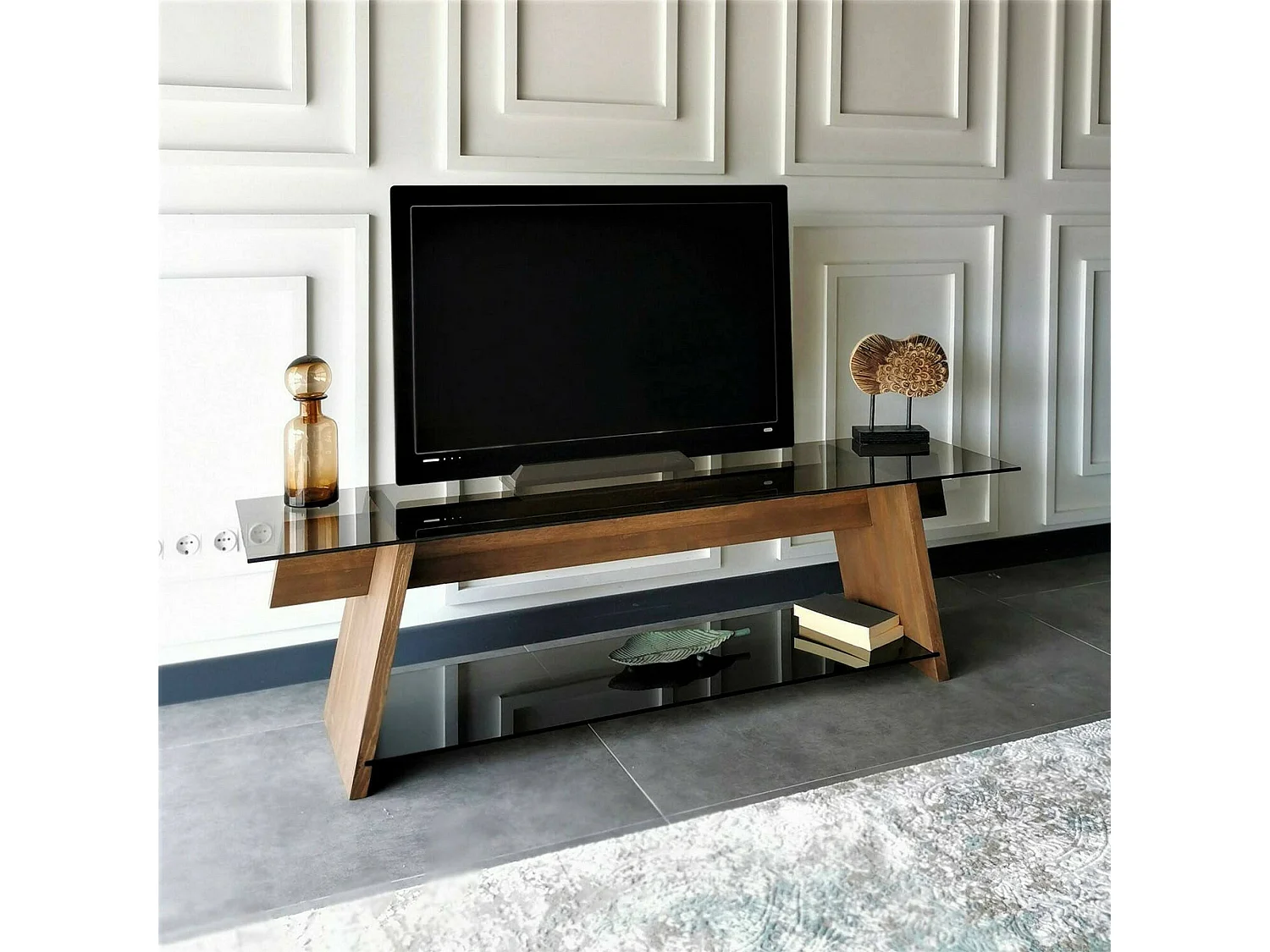 Dpotenz tv-standaard, woonkamermeubel, lage tv-meubel, wandstandaard, 158x40h45 cm, walnoot en zwart