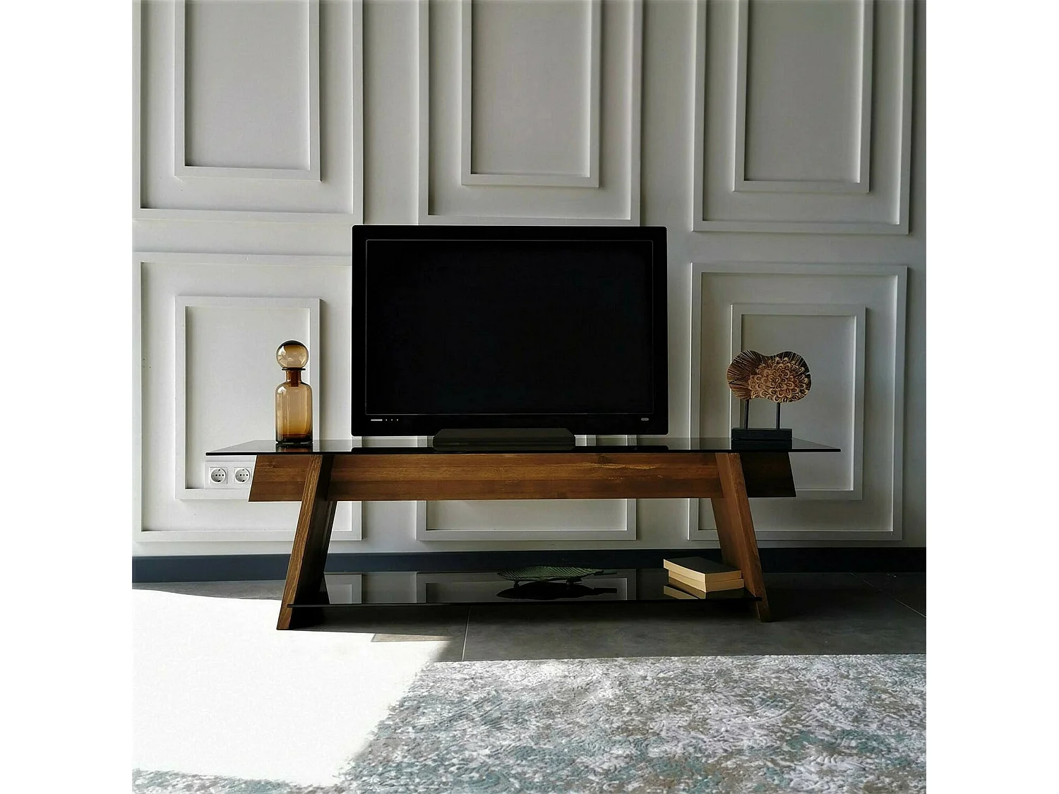 Armário de TV Dpotenz, Aparador de sala, Armário de TV baixo, Base de parede equipada, 158x40h45 cm, Nogueira e Preto