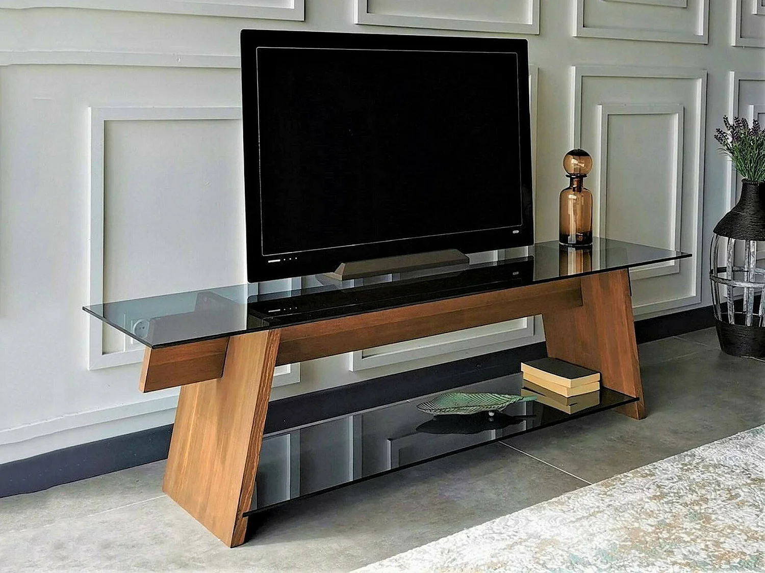Dpotenz tv-standaard, woonkamermeubel, lage tv-meubel, wandstandaard, 158x40h45 cm, walnoot en zwart