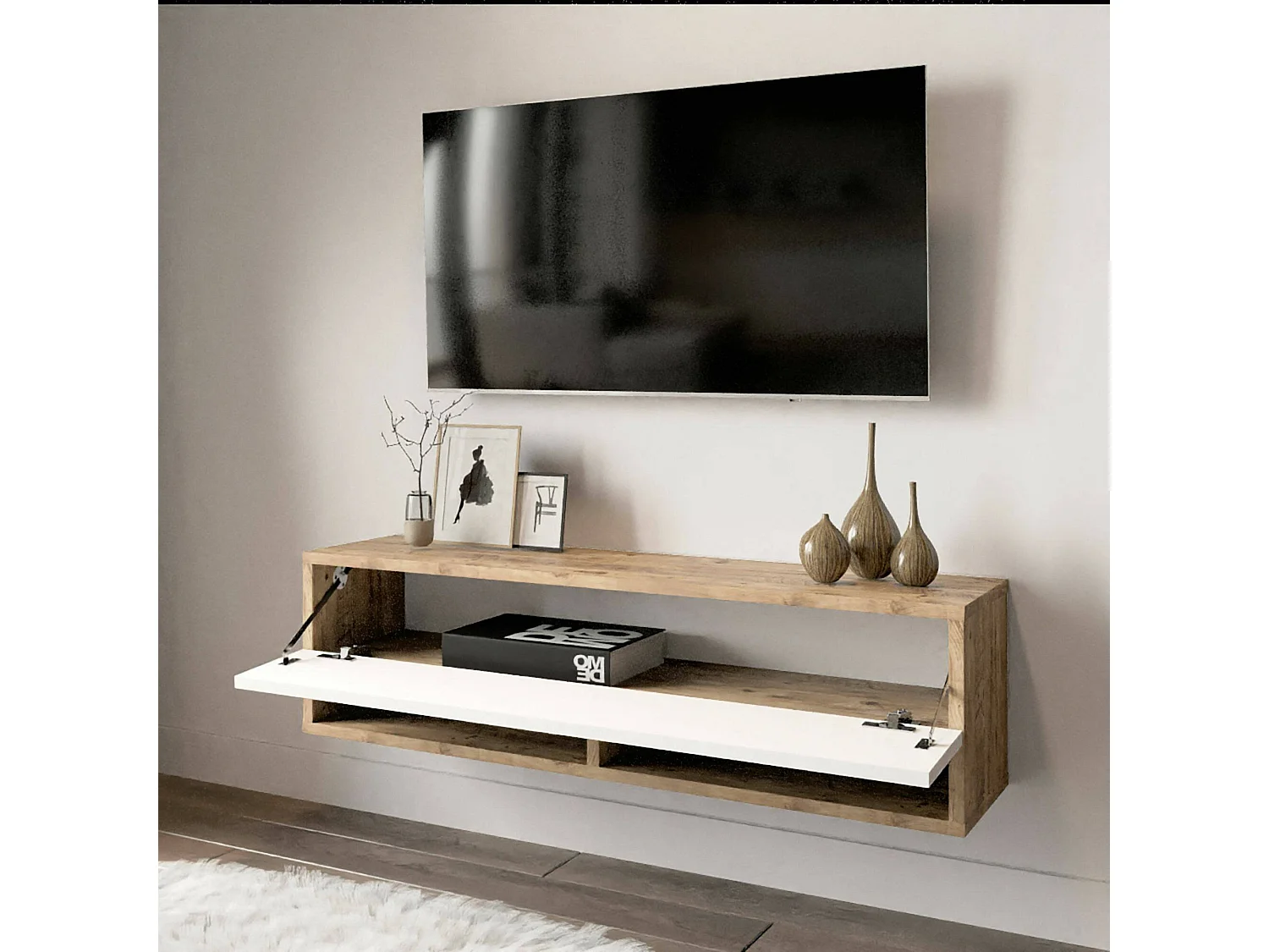 Meuble TV Ananke, Buffet de salon, Armoire basse pour TV, Base murale de rangement, 100x32h29 cm, Chêne et Blanc