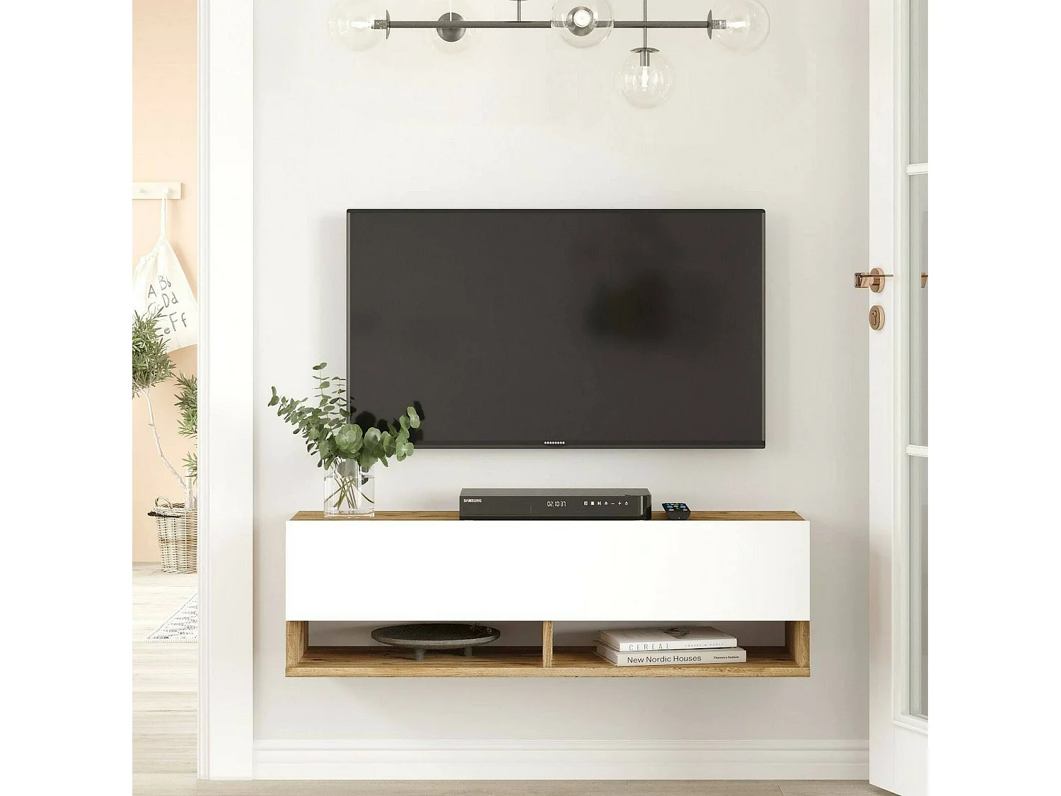 Meuble TV Ananke, Buffet de salon, Armoire basse pour TV, Base murale de rangement, 100x32h29 cm, Chêne et Blanc