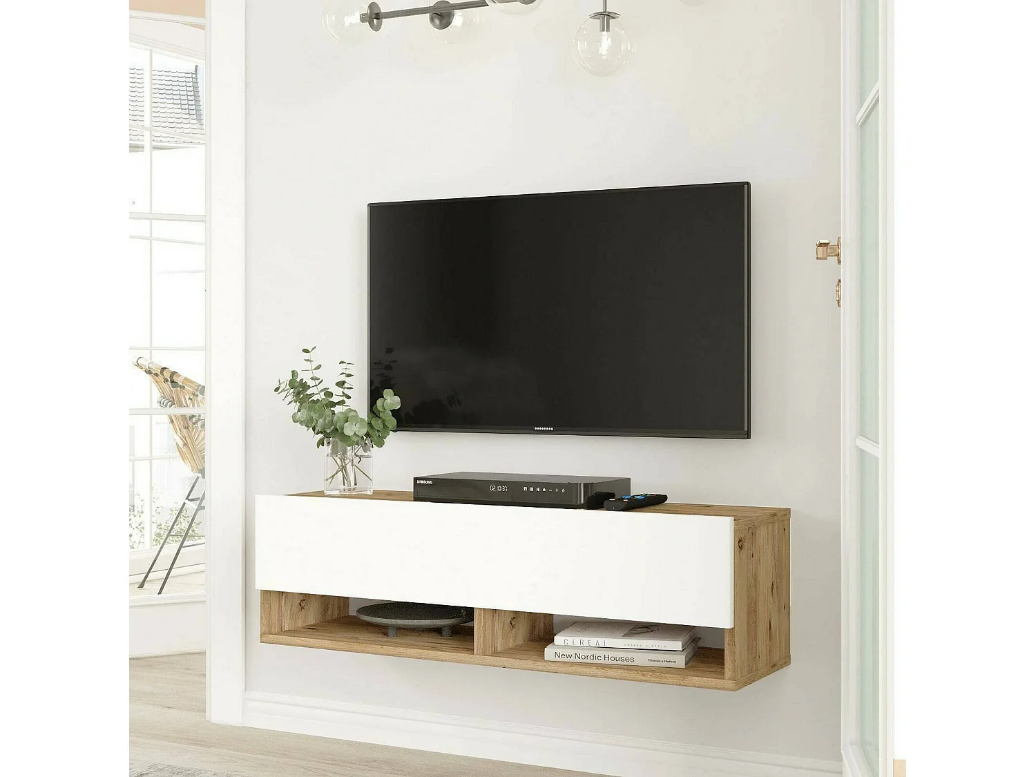 Meuble TV Ananke, Buffet de salon, Armoire basse pour TV, Base murale de rangement, 100x32h29 cm, Chêne et Blanc