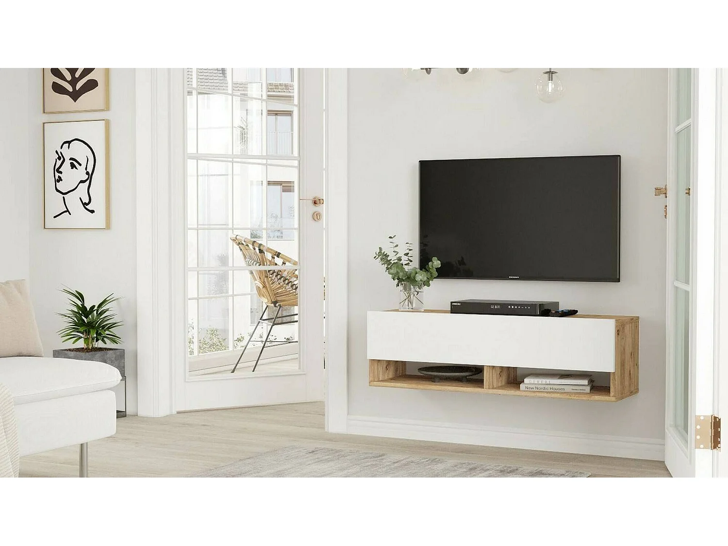 Meuble TV Ananke, Buffet de salon, Armoire basse pour TV, Base murale de rangement, 100x32h29 cm, Chêne et Blanc