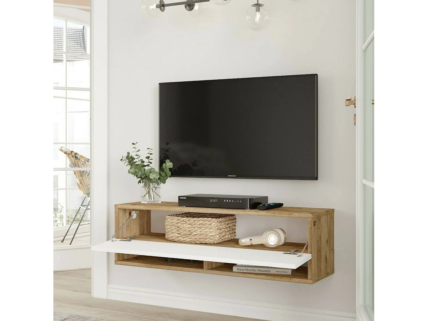 Meuble TV Ananke, Buffet de salon, Armoire basse pour TV, Base murale de rangement, 100x32h29 cm, Chêne et Blanc