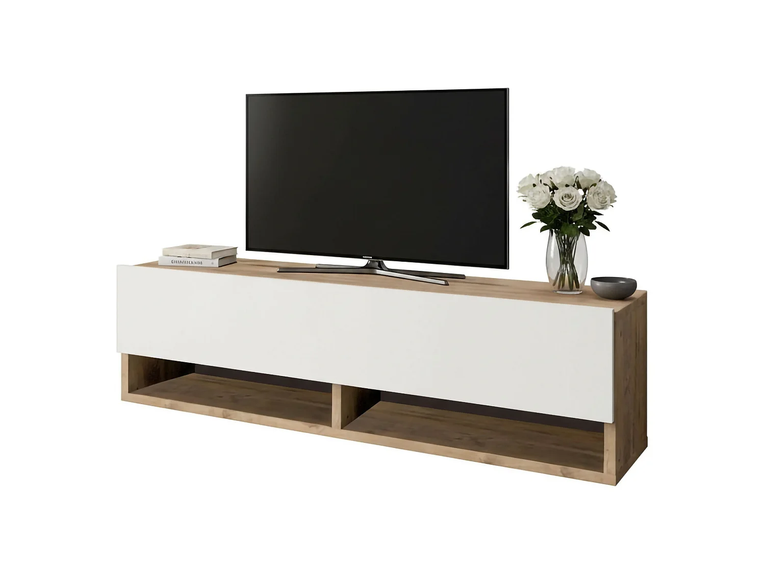 Meuble TV Ananke, Buffet de salon, Armoire basse pour TV, Base murale de rangement, 100x32h29 cm, Chêne et Blanc