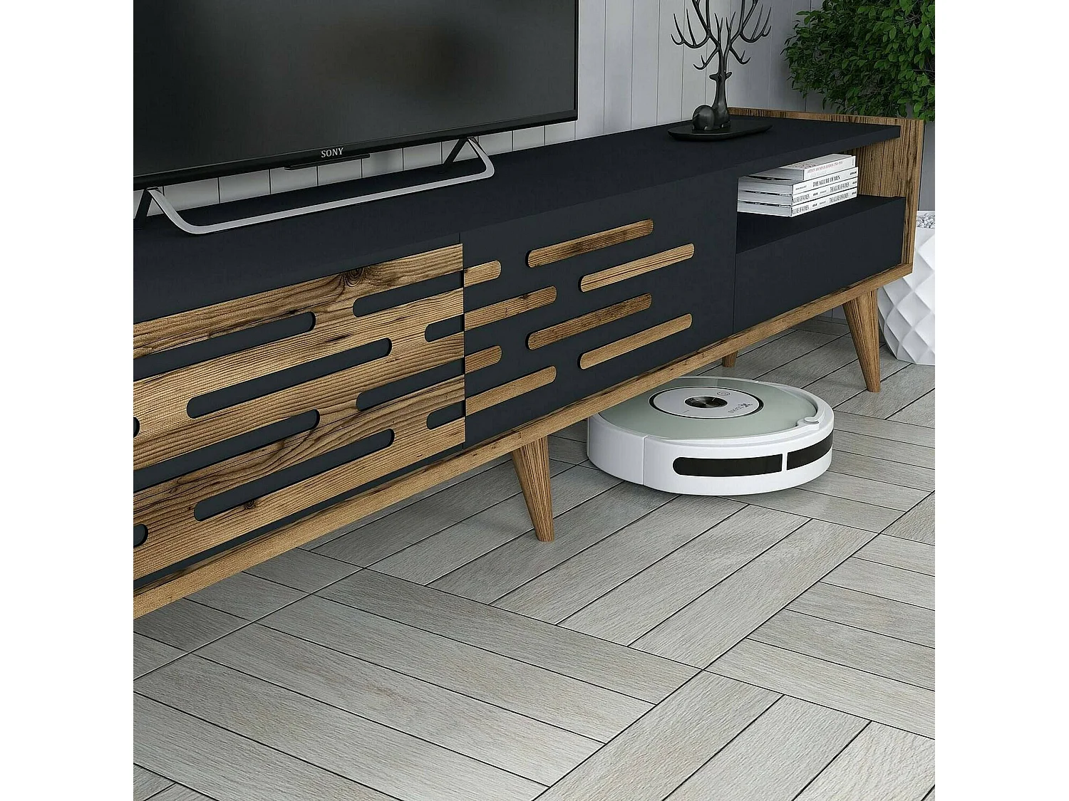 Fernsehschrank Dbrunozz, Ständer für Wohnzimmerfernseher, Niedriges Wohnzimmer-Sideboard, TV-Ständerbasis, 180x45h35 cm, Anthrazit und Nussbaum