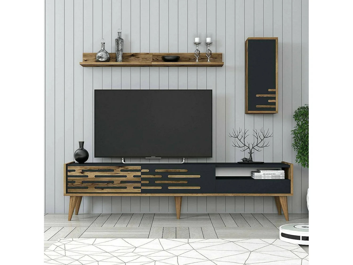 Fernsehschrank Dbrunozz, Ständer für Wohnzimmerfernseher, Niedriges Wohnzimmer-Sideboard, TV-Ständerbasis, 180x45h35 cm, Anthrazit und Nussbaum