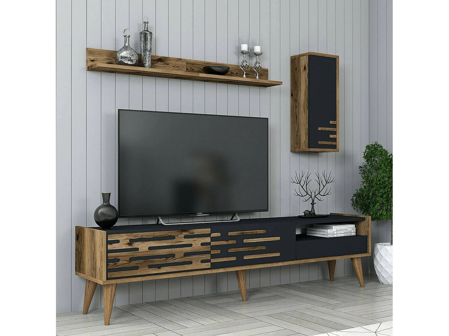 Fernsehschrank Dbrunozz, Ständer für Wohnzimmerfernseher, Niedriges Wohnzimmer-Sideboard, TV-Ständerbasis, 180x45h35 cm, Anthrazit und Nussbaum