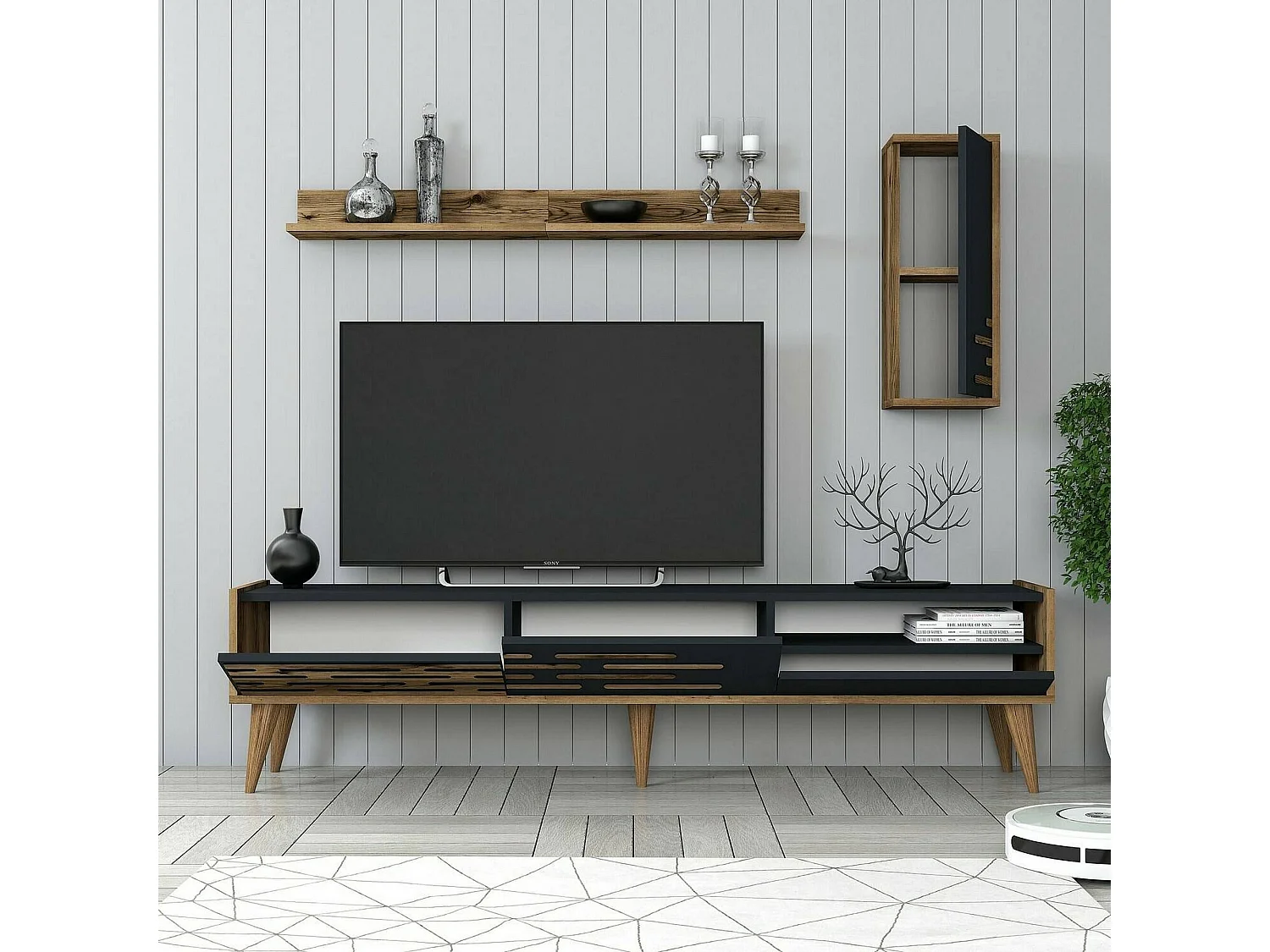 Fernsehschrank Dbrunozz, Ständer für Wohnzimmerfernseher, Niedriges Wohnzimmer-Sideboard, TV-Ständerbasis, 180x45h35 cm, Anthrazit und Nussbaum