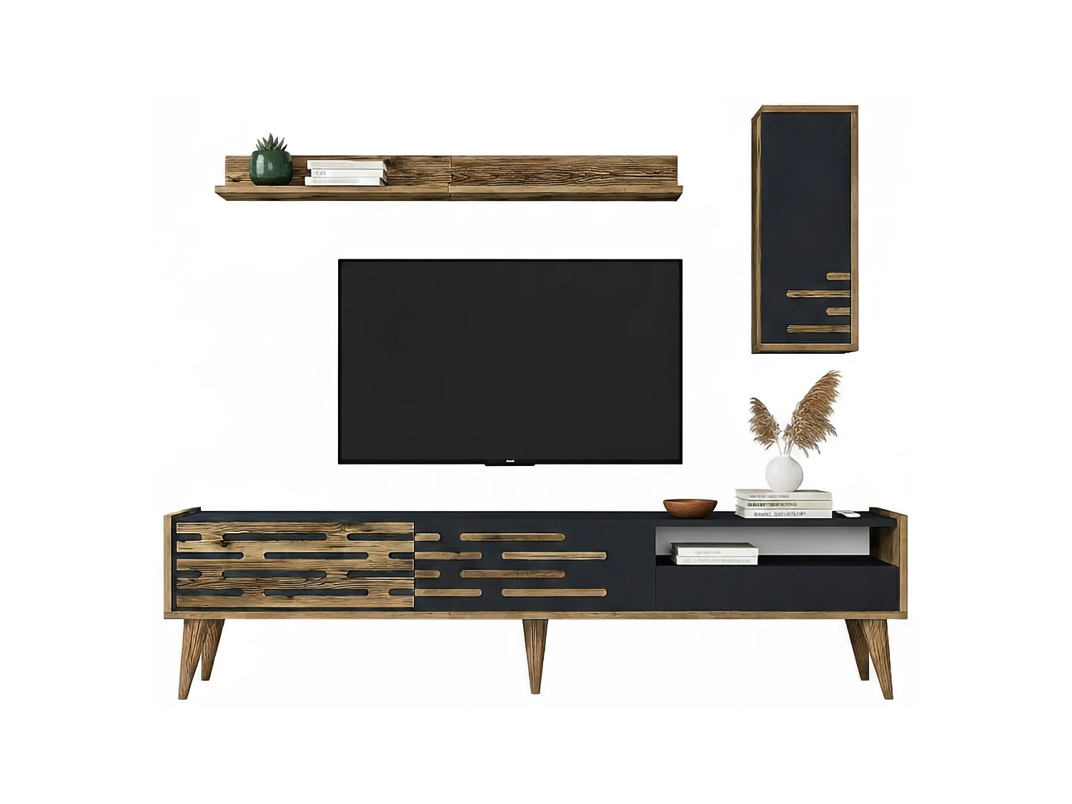 Suporte de TV Dbrunozz, Aparador de sala, Armário de TV baixo, Base de parede equipada, 180x45h35 cm, Antracite e Nogueira