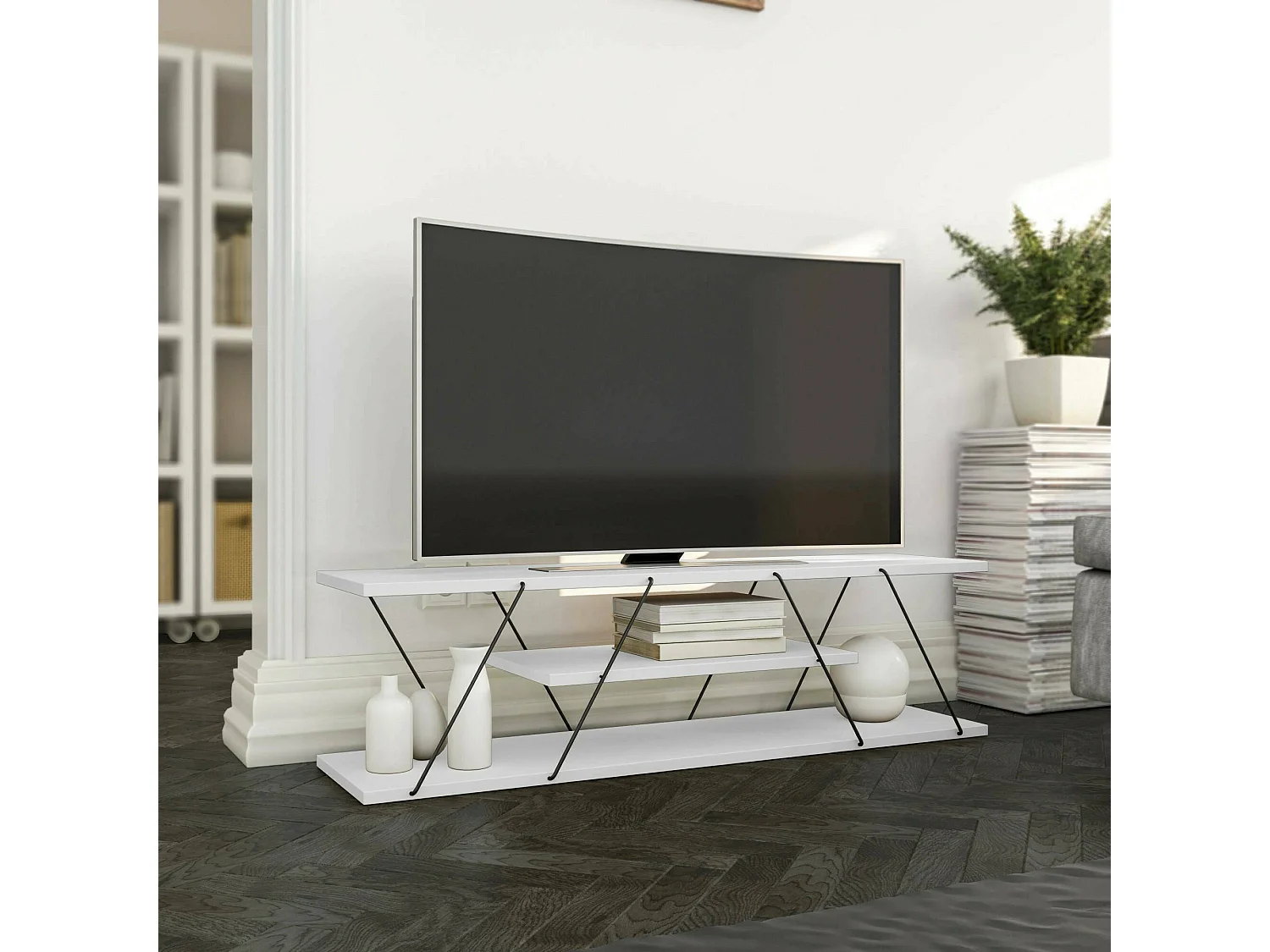 Meuble TV Lysithea, Buffet de salon, Armoire basse pour TV, Base murale de rangement, 120x30h33 cm, Blanc et Noir