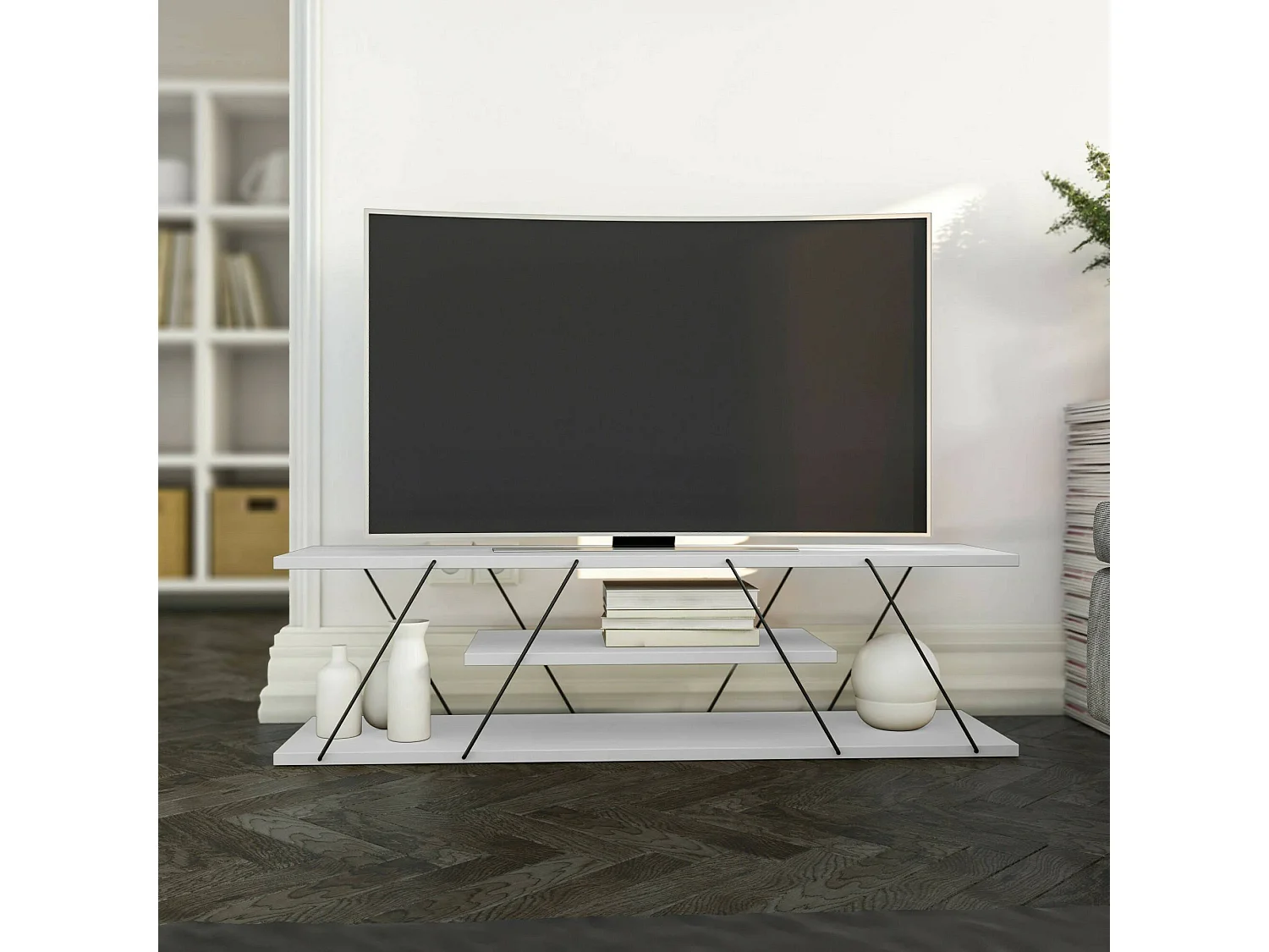 Meuble TV Lysithea, Buffet de salon, Armoire basse pour TV, Base murale de rangement, 120x30h33 cm, Blanc et Noir