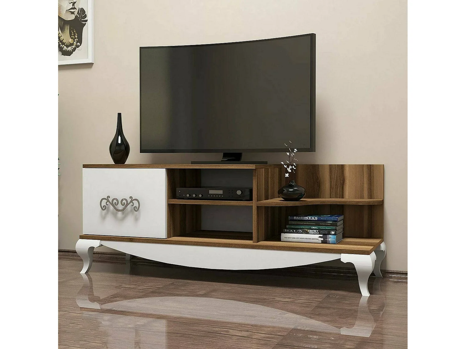 Dporrin tv-meubel, woonkamer dressoir, laag tv-meubel, inbouw wandonderstel, 130x45h51 cm, walnoot en wit