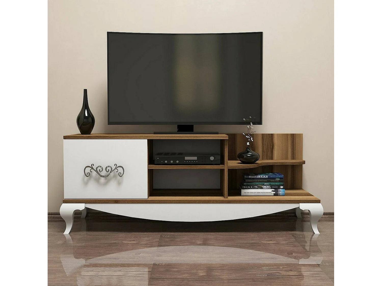 Dporrin tv-meubel, woonkamer dressoir, laag tv-meubel, inbouw wandonderstel, 130x45h51 cm, walnoot en wit