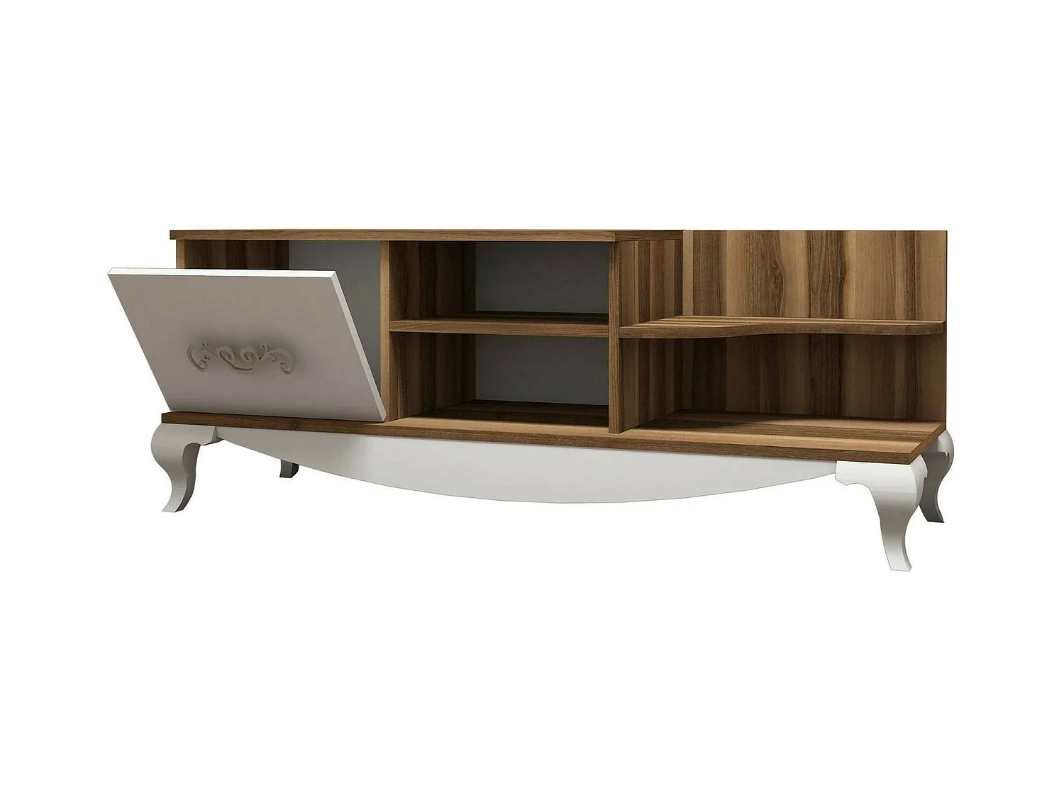 Dporrin tv-meubel, woonkamer dressoir, laag tv-meubel, inbouw wandonderstel, 130x45h51 cm, walnoot en wit