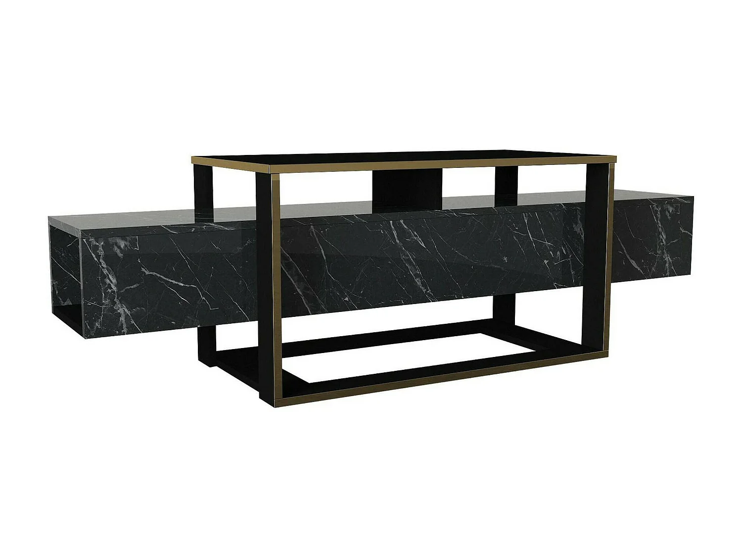 Meuble TV Callisto, Buffet de salon, Armoire basse pour TV, Base murale de rangement, 160x46h50 cm, Noir et Or