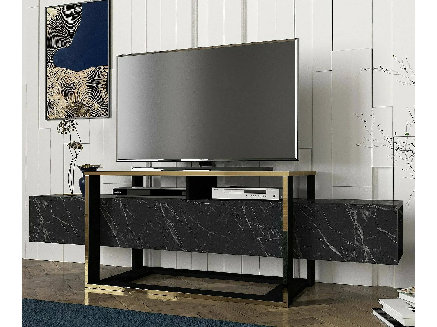 Meuble TV Callisto, Buffet de salon, Armoire basse pour TV, Base murale de rangement, 160x46h50 cm, Noir et Or