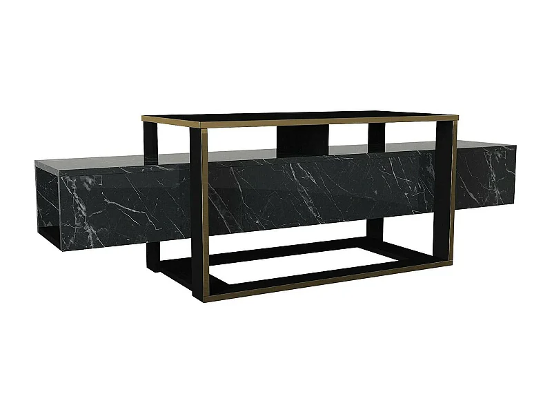 Meuble TV Callisto, Buffet de salon, Armoire basse pour TV, Base murale de rangement, 160x46h50 cm, Noir et Or