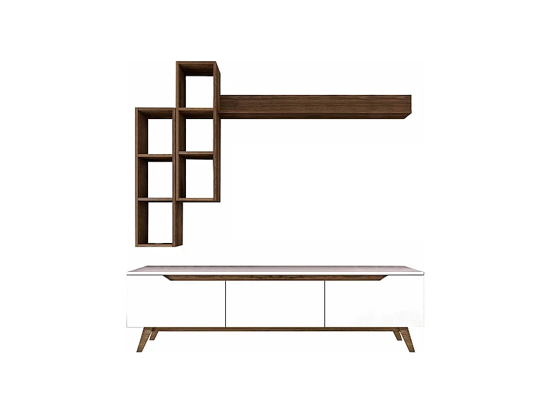 Mueble de televisión Dleonard, Aparador de salón, Mueble bajo para TV, Base de pared equipada, 180x35h49 cm, Blanco y Nogal