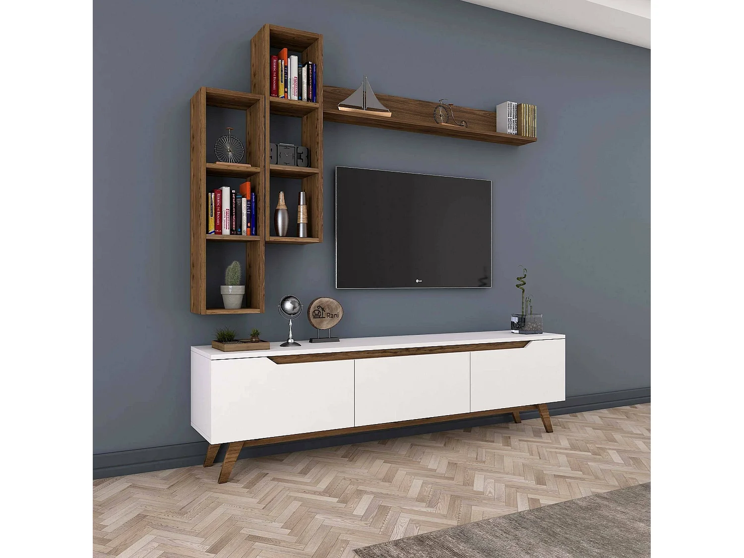 Meuble TV Erato, Buffet de salon, Armoire basse pour TV, Base murale de rangement, 180x35h49 cm, Blanc et Noyer