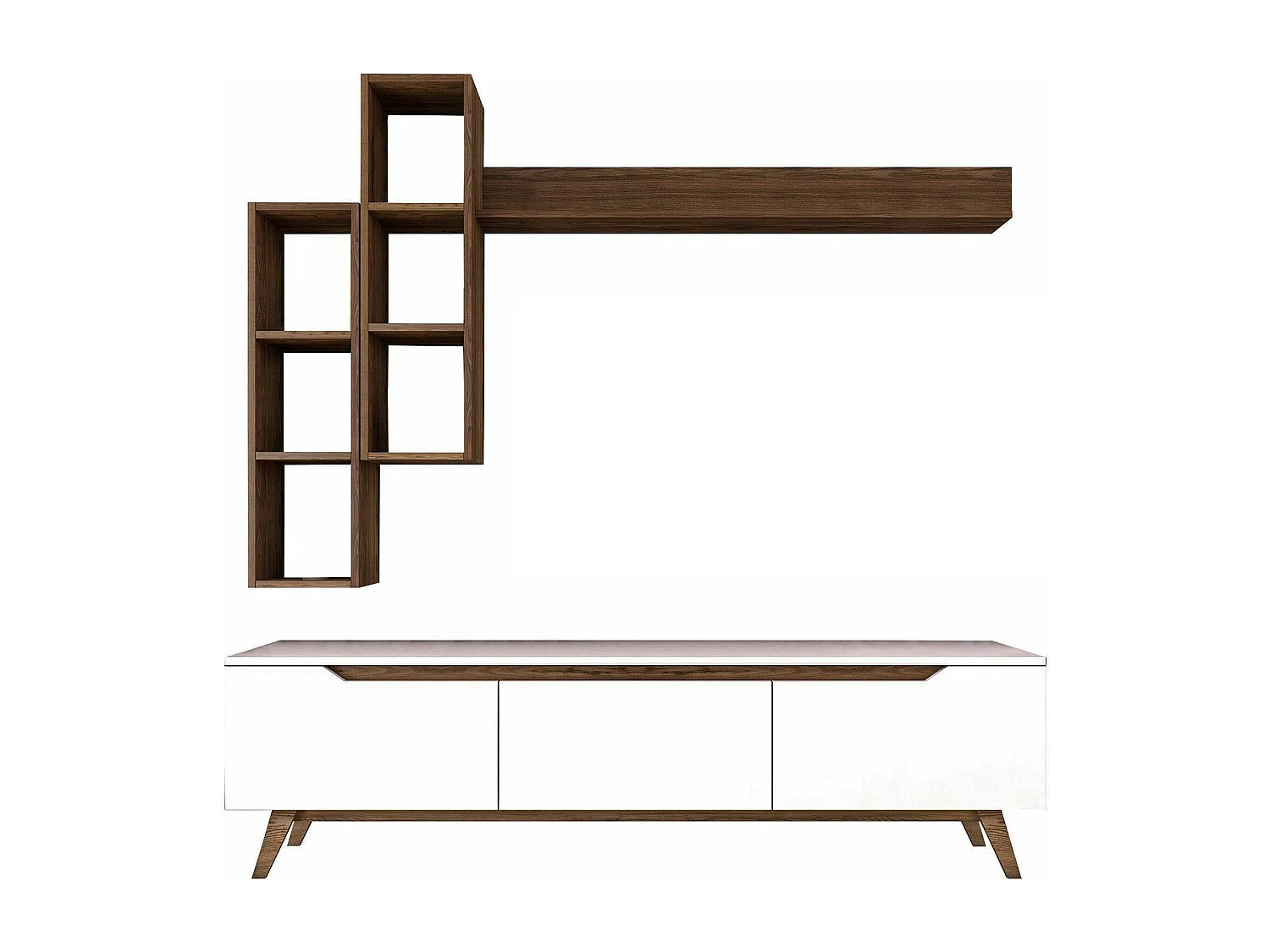 Dleonard tv-meubel, CreWoonkamer, Lage tv-meubel, Uitgeruste wandvoet, 180x35h49 cm, Wit en Walnoot